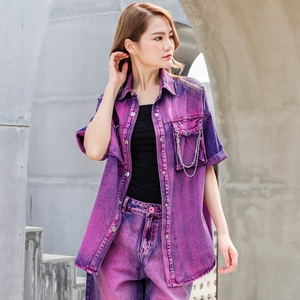 2022夏季女装新欧美时尚宽松街头怀旧休闲紫色短袖牛仔上衣衬衫潮