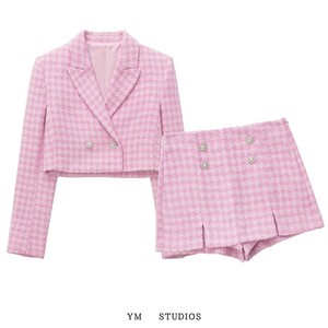 欧美女装   2022春季粉色千鸟格纹理短款西装外套+少女裙裤套装潮