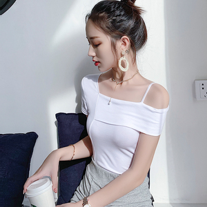 白色单肩一字领半肩t恤短袖性感露锁骨斜肩修身上衣女小心机露肩