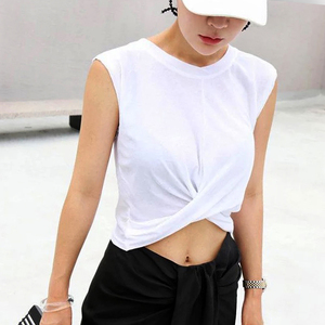 露脐背心t恤女夏装新款无袖紧身上衣 交叉打结漏肚脐衣服短款性感
