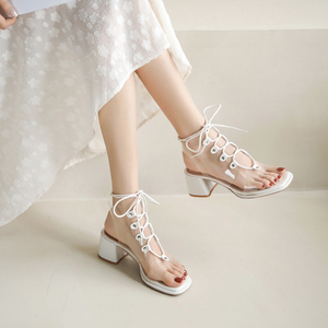 透明高跟凉鞋女夏季罗马一字带交叉绑带粗跟白色脚环系带镂空凉靴