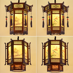 中式仿古吊灯实木茶楼走廊阳台复古灯笼寺庙祠堂六角宫灯羊皮灯