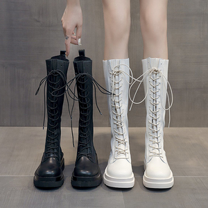 白色马丁靴女秋冬针织弹力袜靴2021年新款小个子长筒高筒厚底长靴