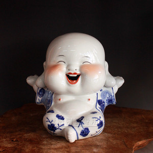 景德镇雕塑陶瓷器手绘青花瓷娃万事如意开心娃新房摆设结婚礼物