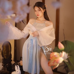 性感古风透视薄纱开襟小家碧玉宫女套装挂脖肚兜古典艺妓制服诱惑