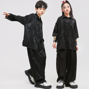 儿童演出服中国风汉服黑色男童套装古装街舞国潮装女童宽松武术服