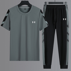 夏季薄款安德玛休闲运动套装男士宽松大码跑步健身冰丝衣服两件套