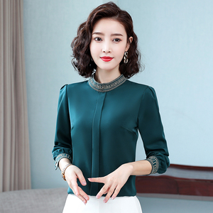 雪纺衫女上衣秋季女款高端复古刺绣立领长袖寸衫漂亮妈妈打底小衫