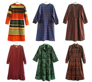 日本制vintage古着复古森女彩色条纹格纹印花羊毛长袖连衣裙孤品
