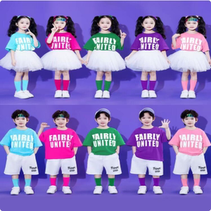 新款六一儿童蓬蓬裙套装彩色幼儿园舞蹈表演服运动会啦啦操演出服