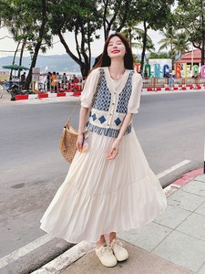 LILY MOST法式桔梗白色连衣裙蓝色清新编织马甲夏季洋气两件套装