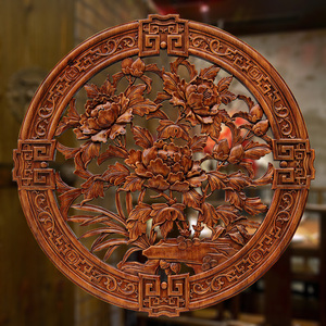 雕刻工艺品 东阳木雕挂件 墙上面装饰品 香樟木背景墙壁挂屏 牡丹