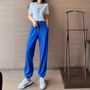 欧美运动裤女宽松束脚春夏宝蓝色街头休闲卫裤显瘦潮ins高街直筒