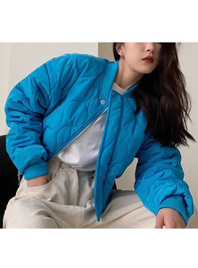 日本代购GRL女装2024春季新款亮眼蓝色压线花纹夹克薄款棉服棉衣