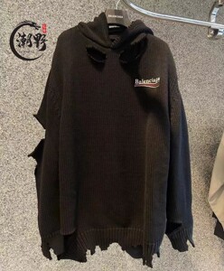 balenciaga/巴黎世家 21fw新款可乐波浪破洞假两件针织衫男毛衣女