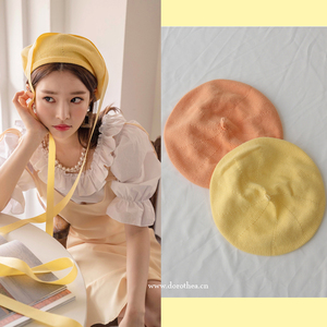 韩国进口帽子正品代购多巴胺日系少女清新柠檬奶黄粉橙色针织贝雷