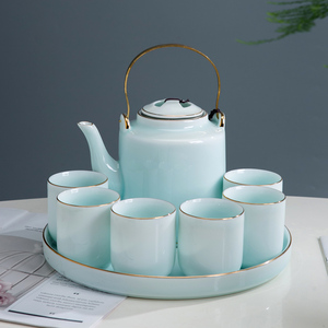 景德镇功夫茶具套装家用大容量青瓷提梁壶泡茶杯茶盘陶瓷托盘茶壶