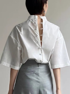 简约白色宽松休闲上衣女夏季法式立领后排扣高级感设计感宽袖衬衫