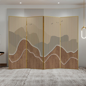 轻奢铝合金屏风折叠移动遮挡客厅酒店木纹线条山水隔断金属折屏