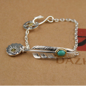 goros印第安风格 小饼 松石羽毛手链男女925纯银太角链goros高桥