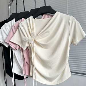 小众蝴蝶结系带斜领短袖t恤女夏季修身显瘦设计感不规则针织上衣