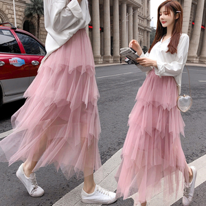 粉色纱裙半身裙2021新款春长款不规则仙女裙chic温柔小个子蛋糕裙