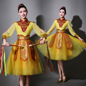 现代舞打鼓服演出服中国风水鼓威风锣鼓民族舞蹈服装成人女蓬蓬裙