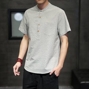 zara男装大码亚麻短袖t恤男潮牌复古条纹半袖体恤夏季棉麻上衣服