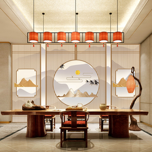 新中式风格屏风装修墙纸3d禅意水墨山水采耳馆背景墙装饰茶室壁纸