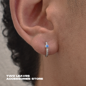 TWO LEAVES S925纯银镶钻蓝色澳宝耳环小众个性设计潮男女款耳圈