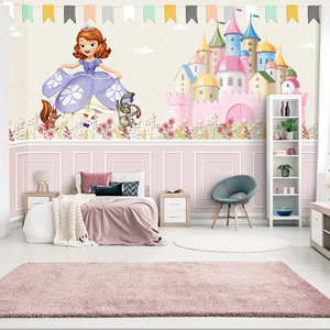 全屋定制卡通苏菲亚公主壁纸壁画儿童房粉色城堡女孩卧室墙布墙纸