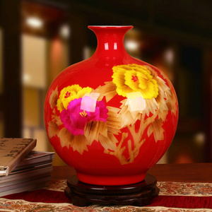 景德镇陶瓷器花瓶 中国红高档麦秆富贵牡丹花瓶 结婚送礼新房摆件