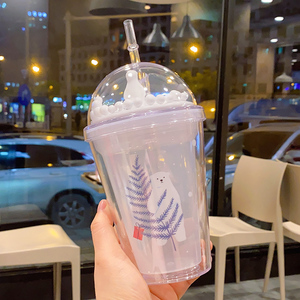 带盖网红双层水杯高颜值家用创意潮流ins杯子吸管塑料学生随手杯