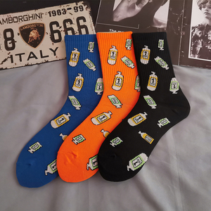 橙色袜子女中筒袜韩版学院风街头原宿卡通潮流学生情侣长筒袜男潮