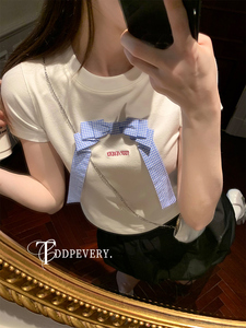 TDDP 蝴蝶结正肩白色短袖T恤女2024新款夏季设计感芭蕾风短款上衣