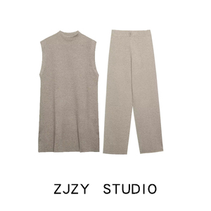 ZR 欧美风 ZA女装 法式休闲 时尚宽松显瘦开叉针织长衫阔腿裤套装
