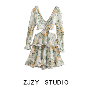 ZR 欧美风 ZA女装 法式小众 深V领镂空设计雪纺印花叠层连衣裙