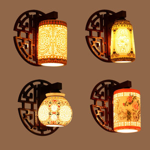 中式壁灯中国风木质陶瓷床头壁灯楼梯过道卧室客厅电视墙led壁灯