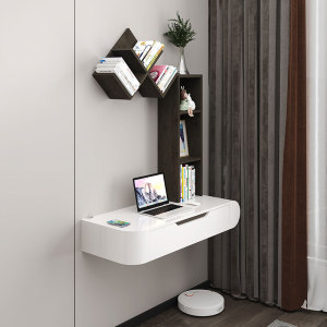 壁挂式悬浮奶油白风家用小户型悬空书桌书架实木写字台办公电脑桌