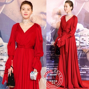 刘诗诗同款红色性感v领高腰修身显瘦敬酒服长款连衣裙礼服晚装女