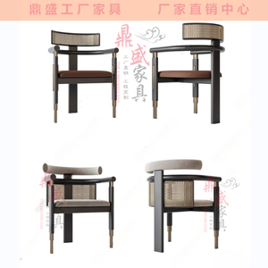 新中式轻奢实木藤编餐椅酒店民宿客房休闲围椅样板房茶几桌书椅子