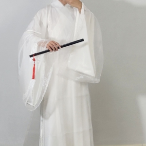 溪川汉元素  落樱  白色真丝樱花提花道袍直裰二件套