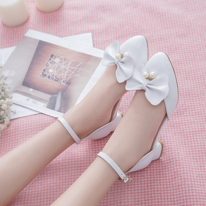 昔淼 白色皮鞋女童夏包头凉鞋蝴蝶结大童高跟鞋演出礼服公主鞋子