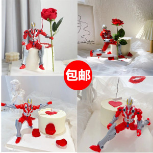 网红超人变形侠蛋糕装饰摆件手持玫瑰花数字蜡烛插件七夕情人节