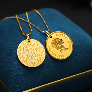 黄金实心女王头像金币项链999足金圆牌吊坠24k纯金女款纪念币挂坠