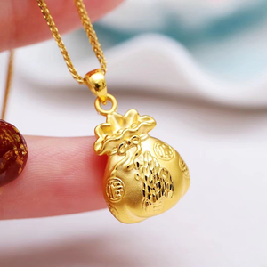 黄金福袋吊坠24k足金999钱袋子3d硬金立体车花福字吊坠男女款项坠