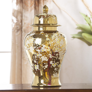 景德镇陶瓷将军罐摆件花瓶客厅欧式金色轻奢插花家居大号软装饰品