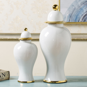 景德镇新中式白色将军罐花瓶摆件后现代轻奢客厅玄关插花软装饰品
