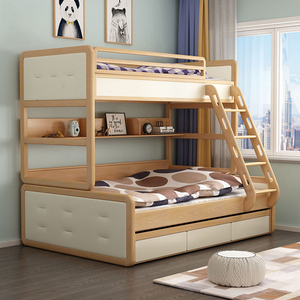 北欧简约双层床儿童床白蜡木实木床三层上下铺原木色子母床小孩床