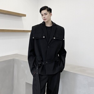 春秋时髦个性披肩设计气质腰带小西装男士发型师个性宽松西服外套